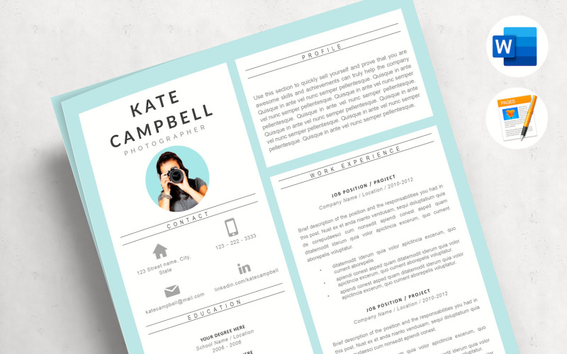 KATE - Creative CV design & Matching Cover Letter and References. Free Resume Writing guide Resume Template