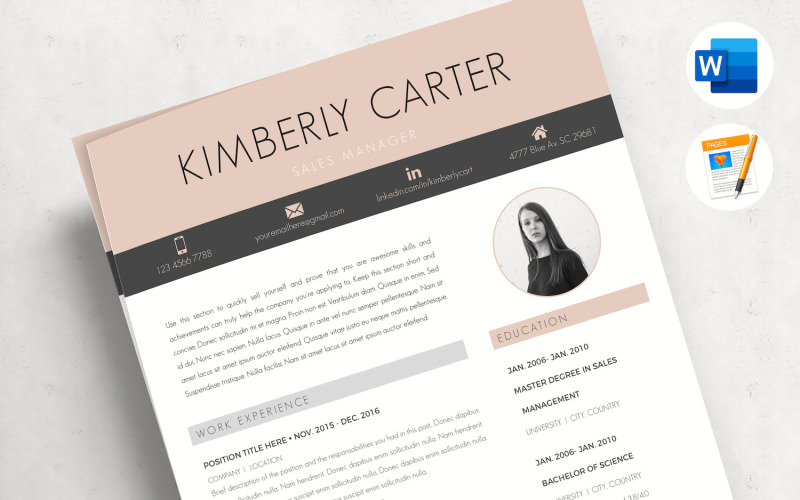 KIMBERLY - Modern CV template with photo for Sales Manager. CV Format with Cover and References Resume Template
