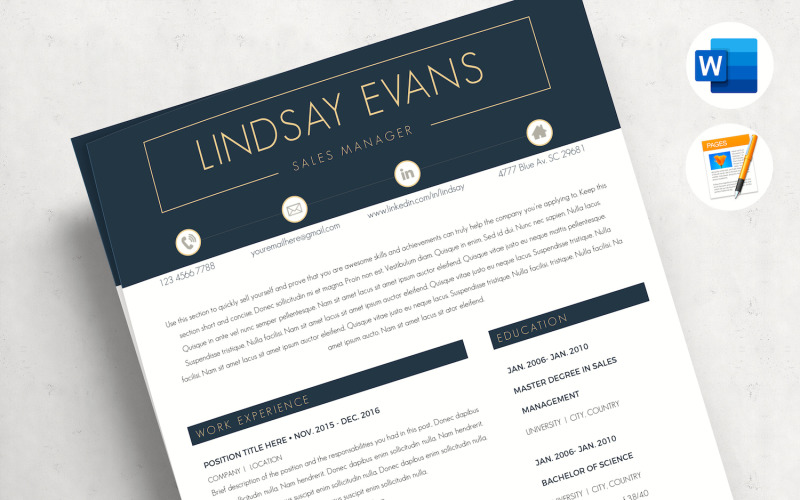 LINDSAY - Sales Manager Professional Resume, CV template + Cover Letter template + References Page Resume Template