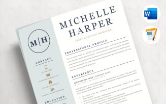 MICHELLE - Professional CV Template with Logo and Modern Cover Format, References Page and Tips