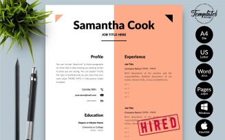 Samantha Cook - Modern CV Resume Template with Cover Letter for Microsoft Word & iWork Pages