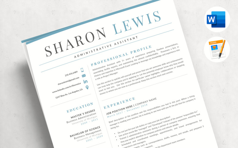SHARON - Administrative Assistant Resume for MS Word and Mac Pages & Matching Cover Letter Resume Template