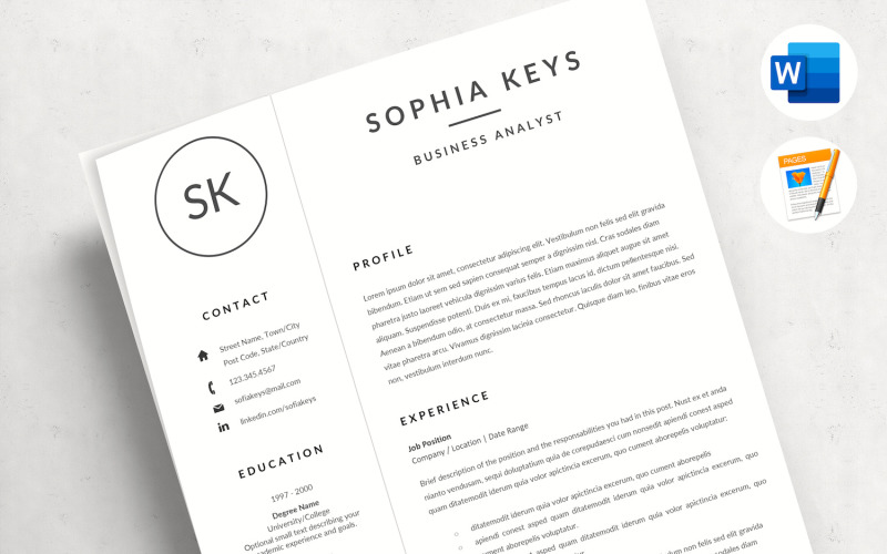 SHOPIE - Minimalist Resume Layout with Logo for MS Word & Pages, Cover, References & icons Resume Template