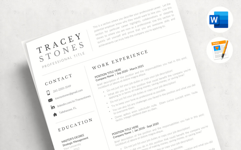 TRACEY - Easy Resume and Cover Letter format for Microsoft Word and Apple Pages. Simple CV Resume Template