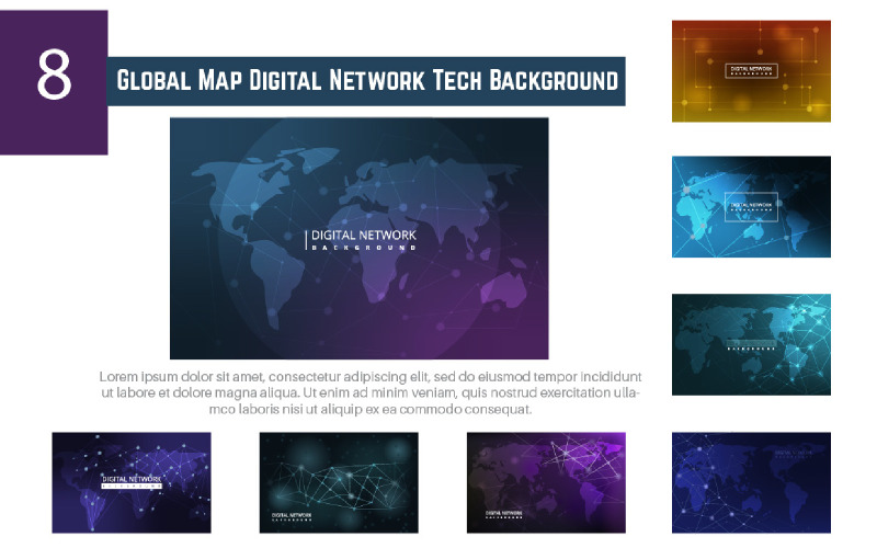 8 Global Map Digital Network Tech Background Illustration