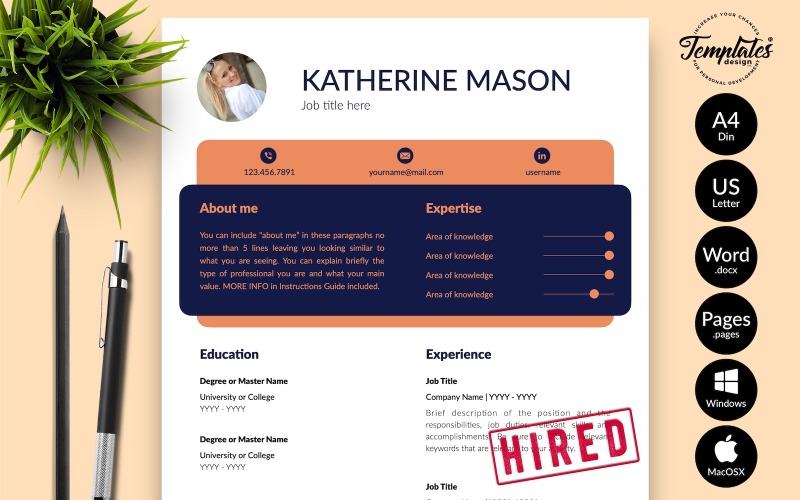 Katherine Mason - Creative CV Template with Cover Letter for Microsoft Word & iWork Pages Resume Template