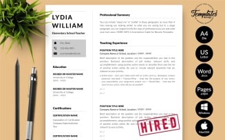 Lydia William - Teacher CV Resume Template with Cover Letter for Microsoft Word & iWork Pages