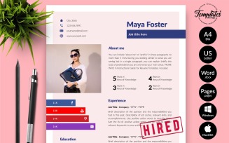 Maya Foster - Modern CV Resume Template with Cover Letter for Microsoft Word & iWork Pages