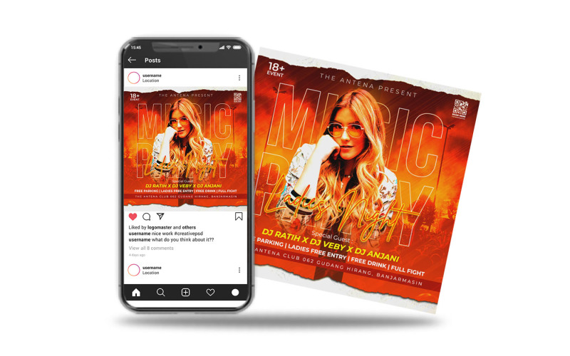 music party event flyer square template Social Media