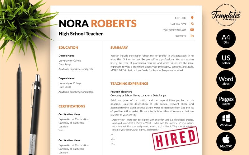 Nora Roberts - Teacher CV Resume Template with Cover Letter for Microsoft Word & iWork Pages