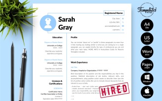 Sarah Gray - Nurse CV Resume Template with Cover Letter for Microsoft Word & iWork Pages
