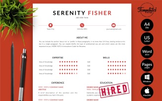Serenity Fisher - Modern CV Resume Template with Cover Letter for Microsoft Word & iWork Pages