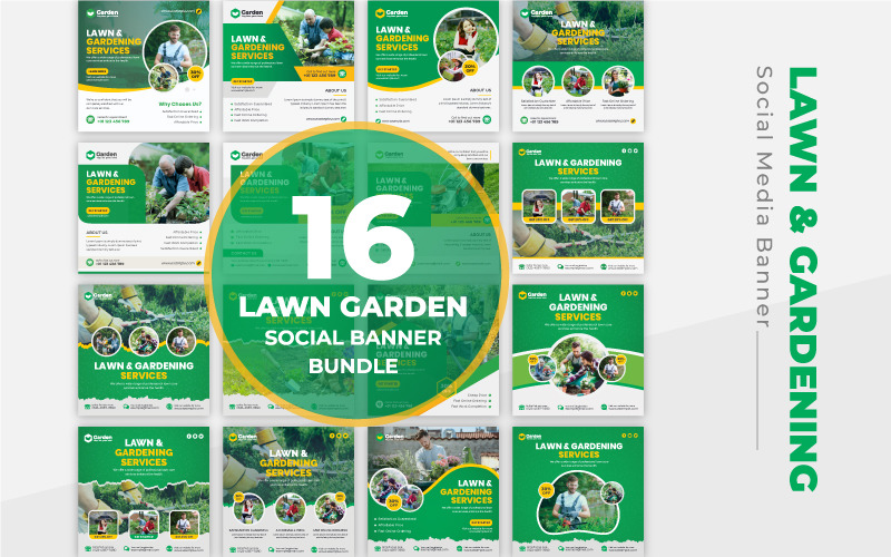 16 Lawn Gardening Landscaping Care Service Social Media Post Template Bundle