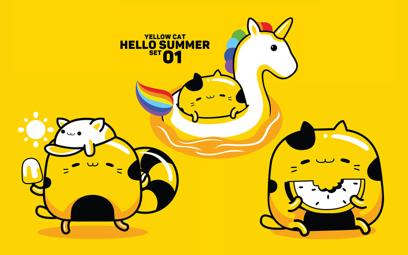 Yellow Cat Hello Summer Set #01 Vector Graphic