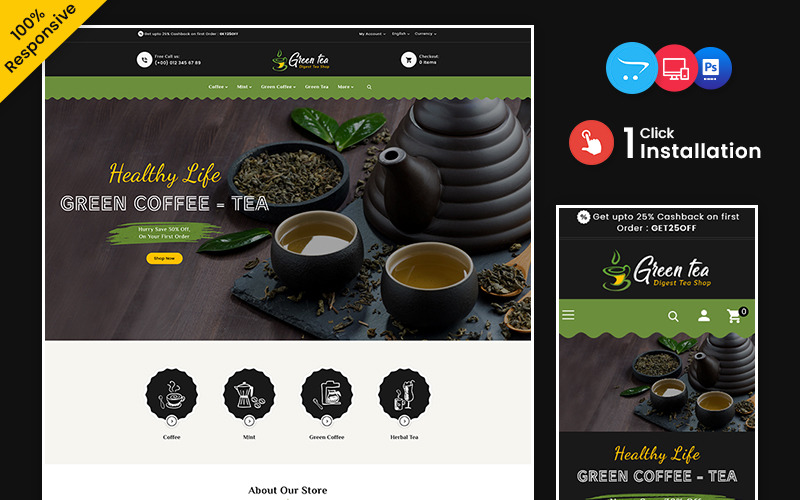 Greentea - Green tea and Coffee OpenCart Responsive Theme OpenCart Template