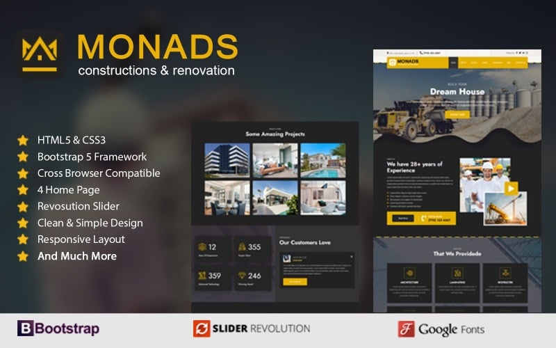Monads - Constructions & Renovation Responsive HTML Templates Landing Page Template