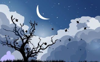 Night Blue & Sea Green Lake Moon Night Illustration
