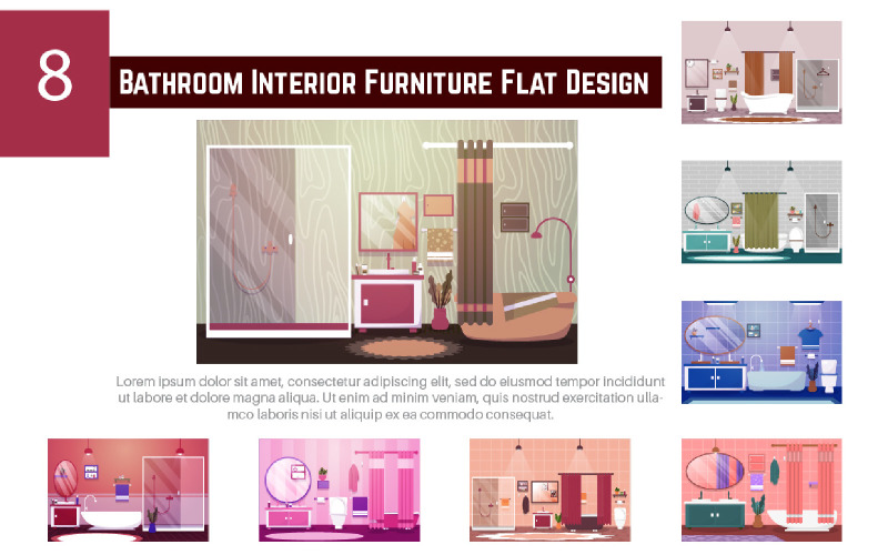 8 Bathroom Interior Furniture Flat Design Illustration