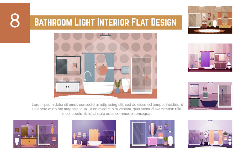 8 Bathroom Light Interior Flat Design Illustration
