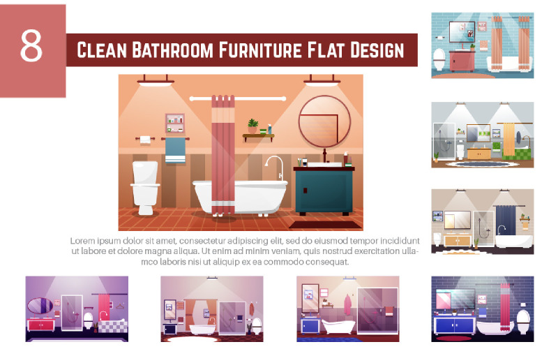 8 Clean Bathroom Furniture Flat Design Illustration