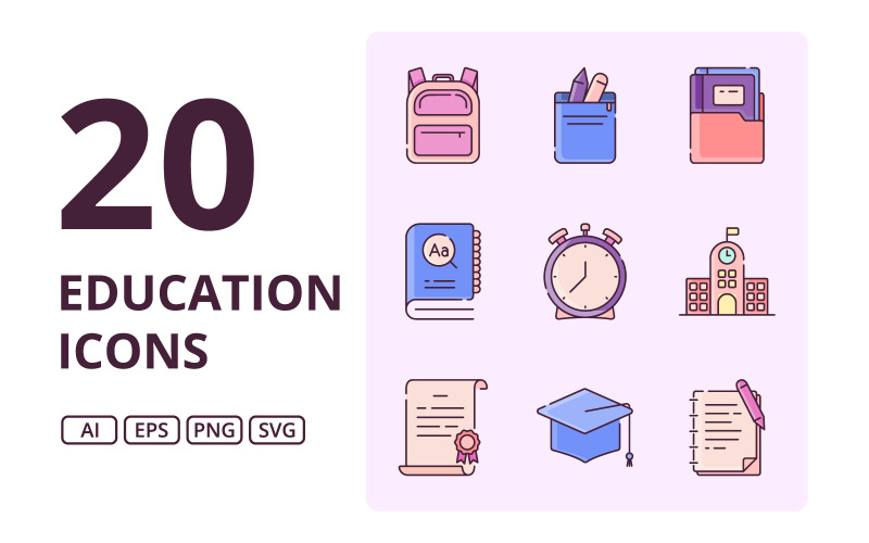 Education Icons Thin Outline And Color Style Icon Set