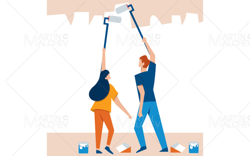 Couple Painting Wall Vector Illustration
