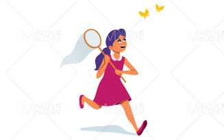 Girl Chasing Butterflies on White Vector Illustration
