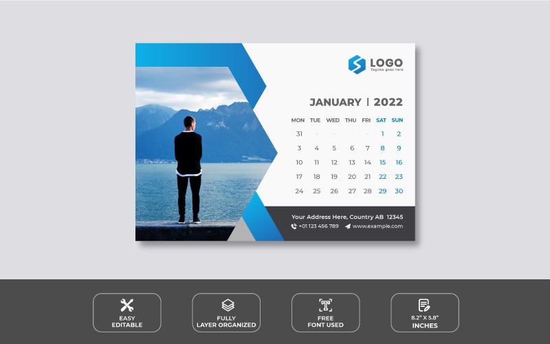 Clean Blue Desk Calendar 2022 Design Template Planner