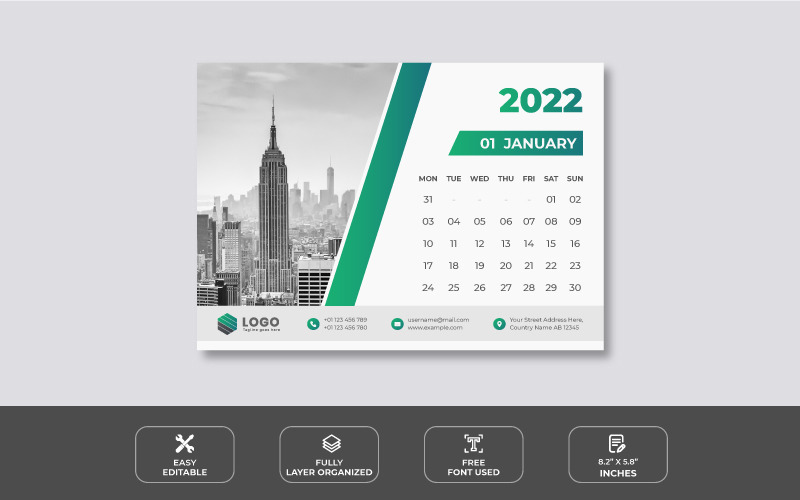Clean Green 2022 Desk Calendar Design Planner
