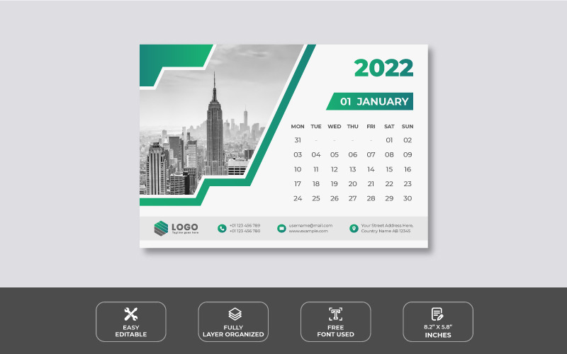 2022 Desk Calendar Design Template with green color Planner