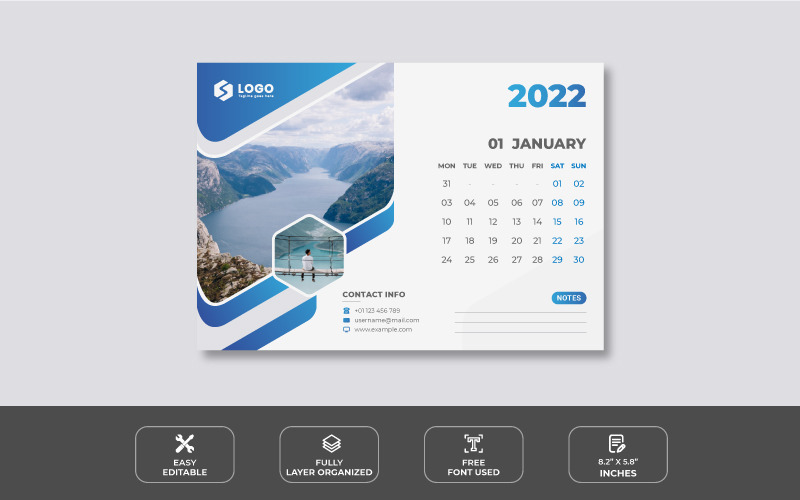 Modern Blue 2022 Desk Calendar Design Planner