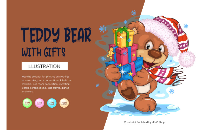 Cartoon Teddy Bear with Gifts. T-Shirt, PNG, SVG. Vector Graphic