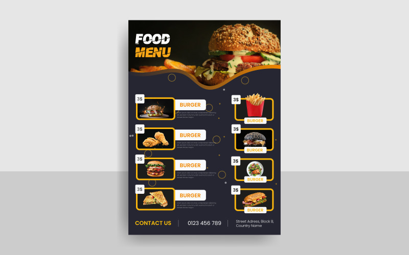 Food and Burger menu Flyer Template Design Corporate Identity