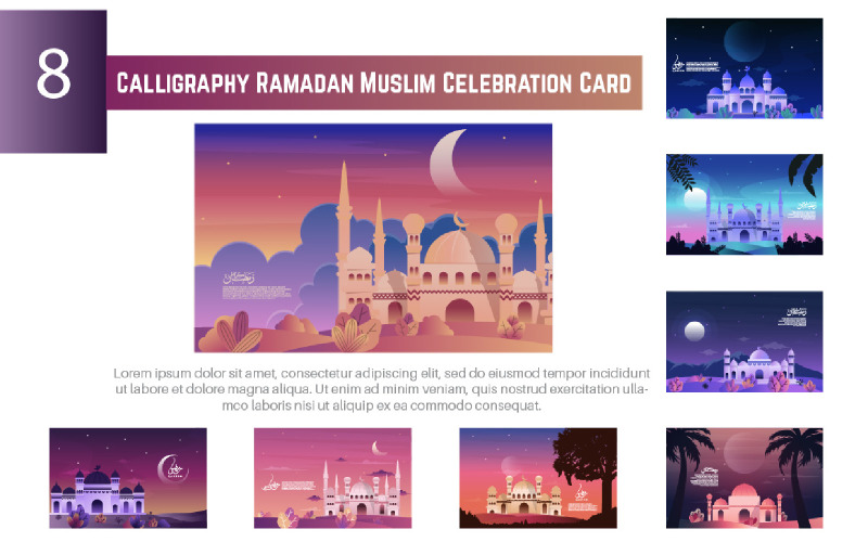 8 Calligraphy Ramadan Muslim Celebration Card Illustration
