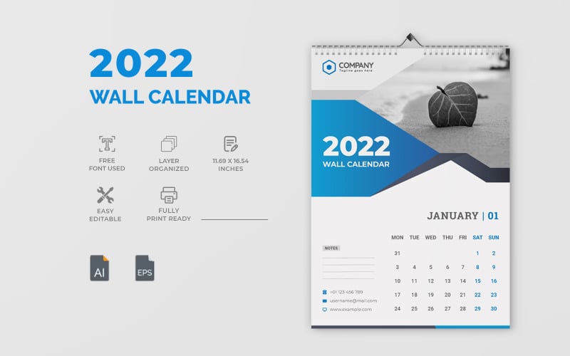 Blue Modern 2022 Wall Calendar Design Template Corporate Identity