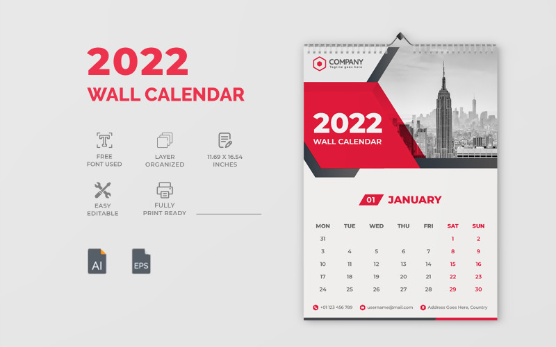 Clean Red Color 2022 Wall Calendar Design Template Corporate Identity