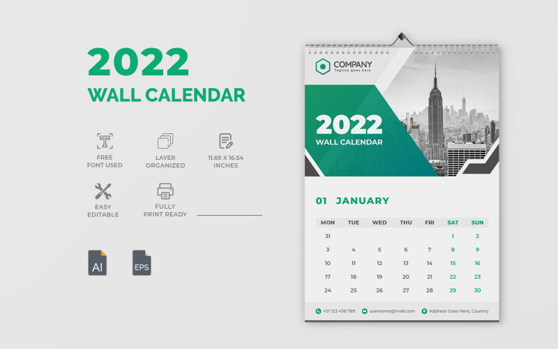 Green Modern 2022 Wall Calendar Design Corporate Identity