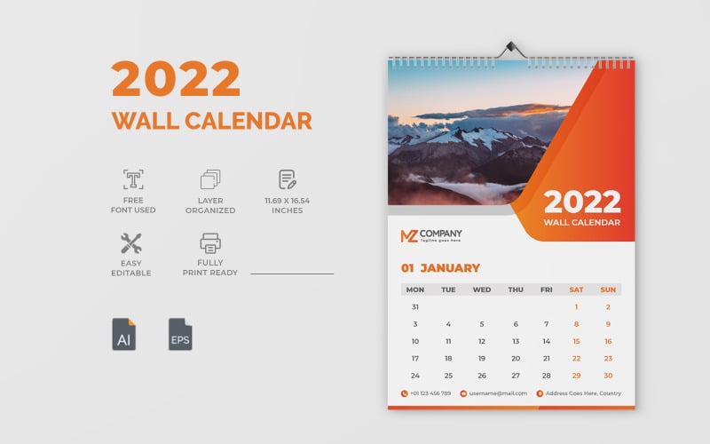 Modern 2022 Wall Calendar Design Template Corporate Identity