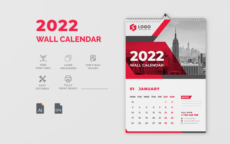 Modern Red 2022 Wall Calendar Design Corporate Identity