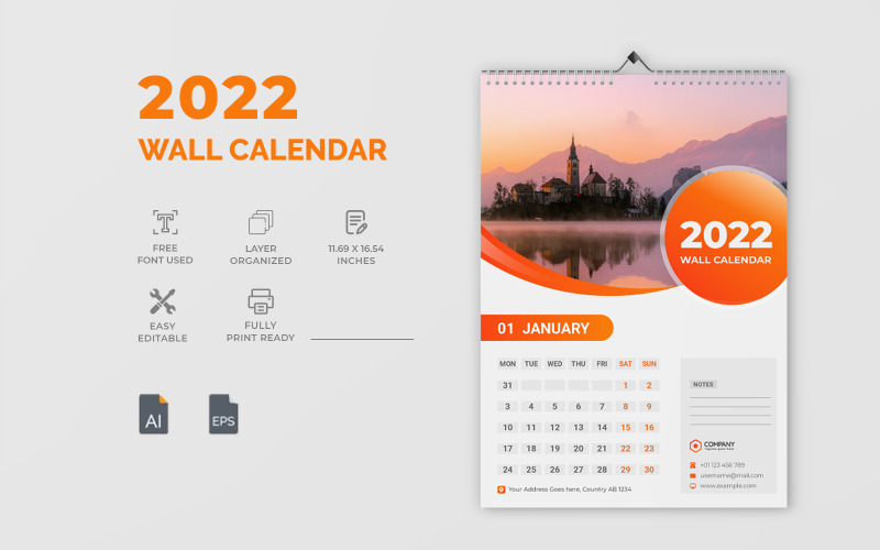 Orange 2022 Wall Calendar Design Template Corporate Identity