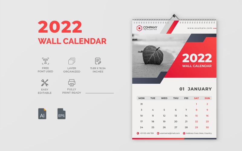 Red Color 2022 Wall Calendar Design Corporate Identity