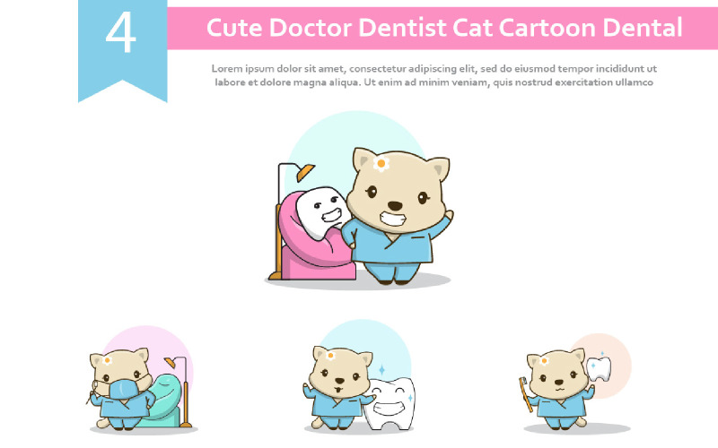 4 Cute Doctor Dentist Cat Cartoon Dental Illustration