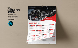 One Page Wall Calendar 2024. Photoshop Template