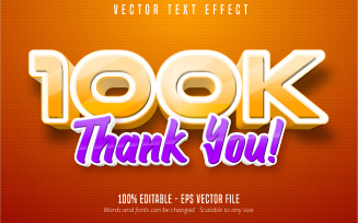100k Thank You - Editable Text Effect, Cartoon Social Media Text Style, Graphics Illustration