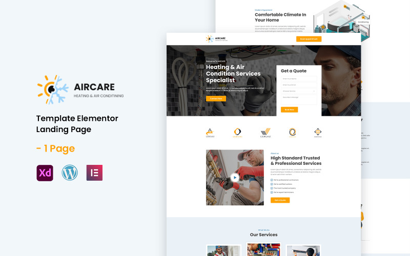 Aircare - Heating and Air Condition Services Ready to use Elementor Landing Page Template Elementor Kit