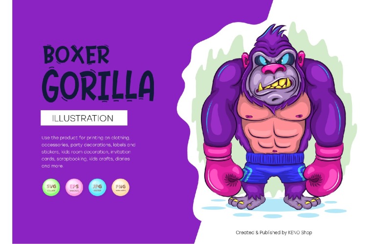Cartoon Gorilla Boxer. T-Shirt, PNG, SVG. Vector Graphic