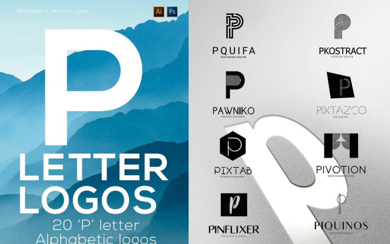 20 "P" Letter Alphabetic Logos Logo Template