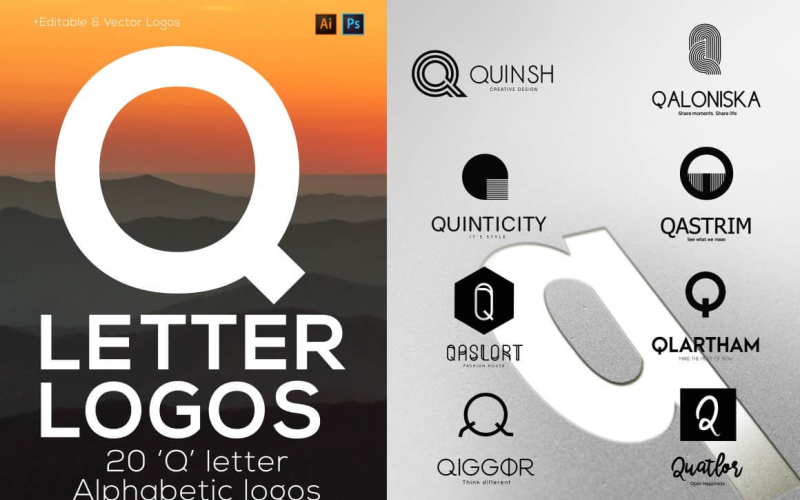 20 "Q" Letter Alphabetic Logos Logo Template