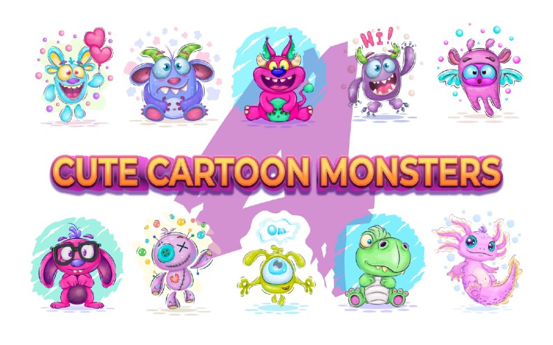 Set of cute cartoon mosters_04. T-Shirt. Vector Graphic