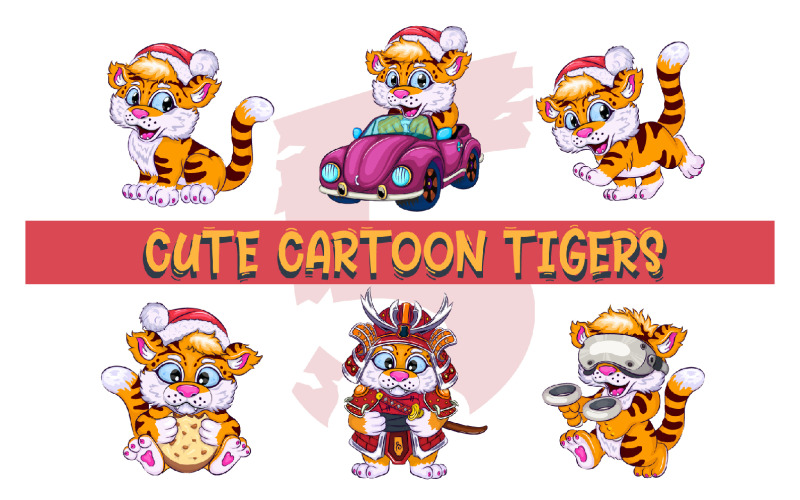 Set of Cute Cartoon Tigers, T-Shirt. Vector Graphic